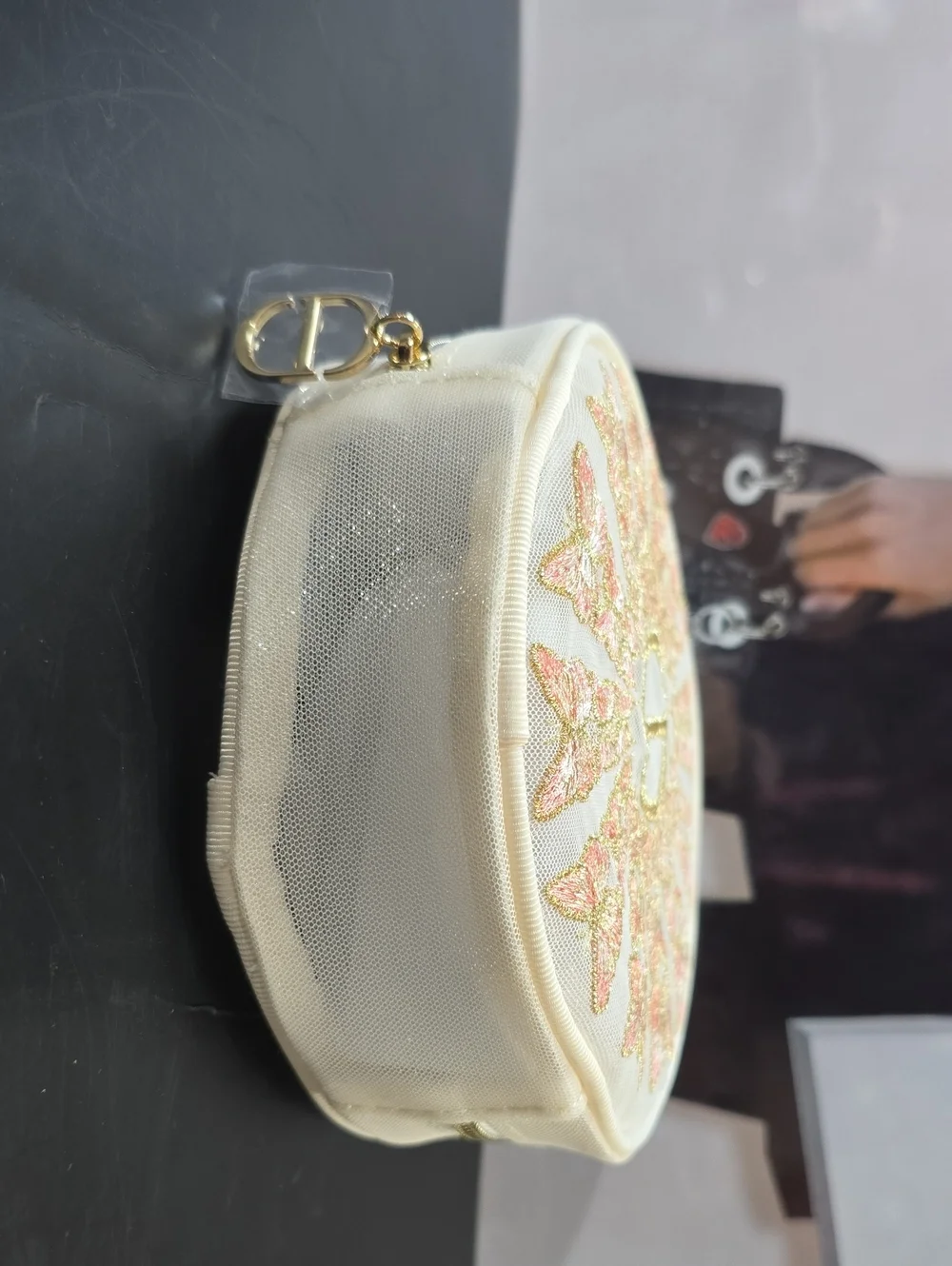 Dior Round Embroidered Cosmetic Pouch in Cream and Pink with Gold Accent